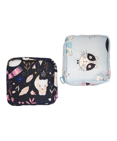 Sanitary Napkin Storage Bag Portable Menstrual Pad Period Bag Tampons Organizer with Zipper for Women and Girls 12x12x4 cm (2 Pack) (Blue Kitten+Black Fox)