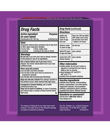 Allegra Adult 24 Hour Allergy Tablets 180mg - 90 Tablets - Fast Relief - Buy Online on GoSupps.com