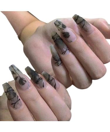Press on Nails 3 Sets Black Rose Fake Nail Matte Long Artificail Nails Removable Nail Stickers Ballerina for Women Girls (Color : Dark Flowers) (Color : Dark Flowers) (Dark Flowers) Black rose