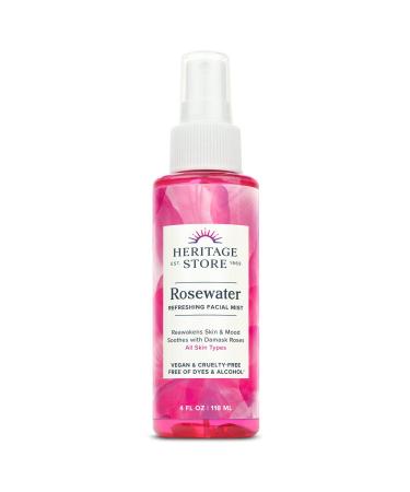 Heritage Store Rosewater, Refreshing Facial Mist for Glowing Skin, with Damask Rose Oil, All Skin Types, Rose Water Spray for Face Made Without Dyes or Alcohol, Vegan & Cruelty Free, 4oz