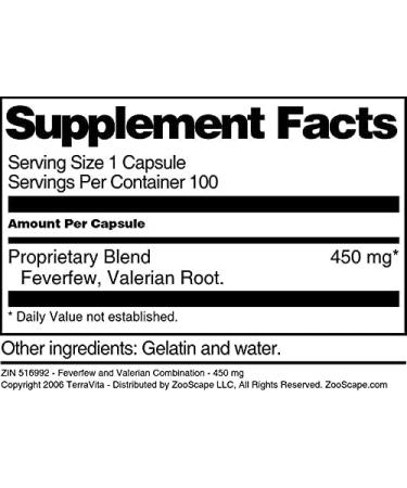 Feverfew and Valerian Combination - 450 mg (100 Capsules ZIN: 516992) - 3 Pack - Buy Online on GoSupps.com