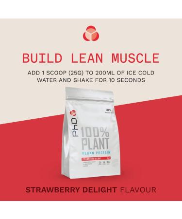 PhD Nutrition 100% Plant Vegan Protein Powder - Strawberry Delight | 22g Plant Based Protein | BCAA-Rich & Low Calorie | 40 Servings | 1kg Bag - Buy Online on GoSupps.com