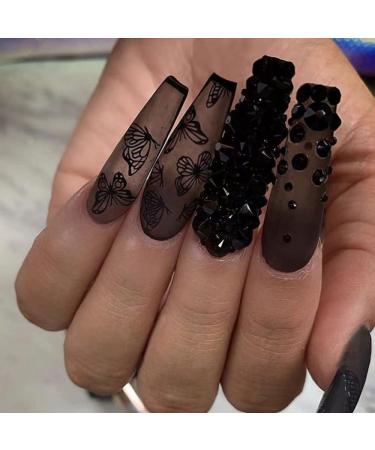 Magrace Black Press on Nails Long Coffin Nails French Fake Nails with Butterflies 24 pcs Stick on Nails for Women A-07