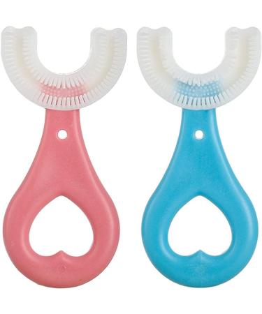 2 Pack U-Shaped Toothbrush for Kids (Ages 2-12), Manual Training Tooth Brush, Food Grade Soft Silicone Brush Head, 360° Oral Teeth Cleaning Design for Toddlers and Children, Blue, Pink (Heart Style)