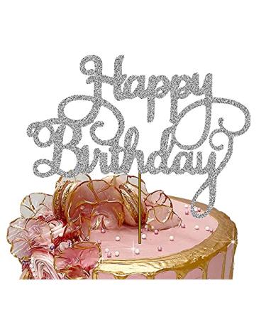 Happy Birthday Cake Topper Glitter Cardstock Toppers - Birthday Decor - Party Decor Supplies - Cake Decoration Items - Glitter Cake Topper - 7 Inches x 5 Inches - Silver