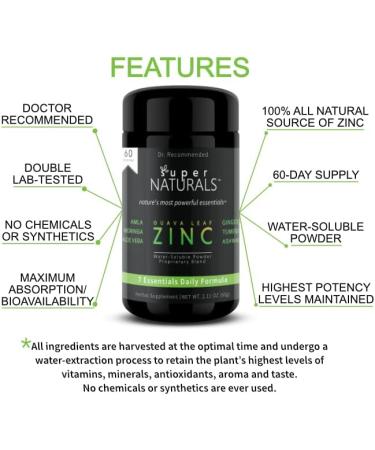 Super Naturals Zinc Supplement - Guava Leaf Extract | Immune Support Boost | 100% Natural Powder | 60 Day Supply - Buy Online on GoSupps.com