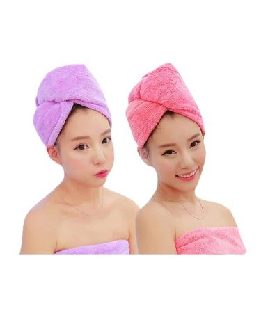 Microfiber Hair Towel, 2 Pack Dry Hair Towel Twist Wrap Absorbent Quickly Dry Hair Towel for Kids and Women (Pink+Purple)