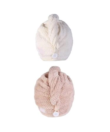2 Pack Hair Towel Wrap Hair Drying Towel with Button Microfiber Hair Towel Dry Hair Hat Bath Hair Cap (Pink&Beige) Accessory