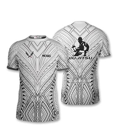 PRIMESTY BJJ Jiu Jitsu Rash Guard - Custom Short Sleeve Rash Guard Compression Shirt for No-Gi & MMA, Size XS-3XL White Tribal Grunge