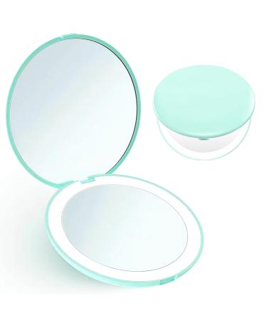 Giazee Magnifying Mirror Travel Makeup Mirror with Light Portable 1X/10X Magnifying Compact Mirror LED Pocket Mirror Hand Held Comapct Mirror for Handbag Purse (Green)