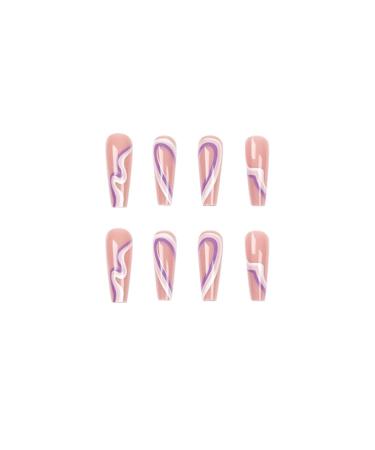 Justotry 24 Pieces Purple Swirl Press-On Nails | Wavy Coffin Art Nails for Women | Ballerina Fake Nails | Purple & White Design - Buy Online on GoSupps.com