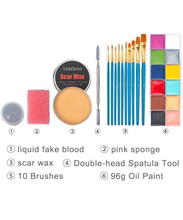 VERONNI 6PCS SFX Makeup Kit - Halloween Face Body Paint Oil with Special Effects Wound Scar Wax, Fake Scab Blood, Brushes, Sponge - Buy Online on GoSupps.com