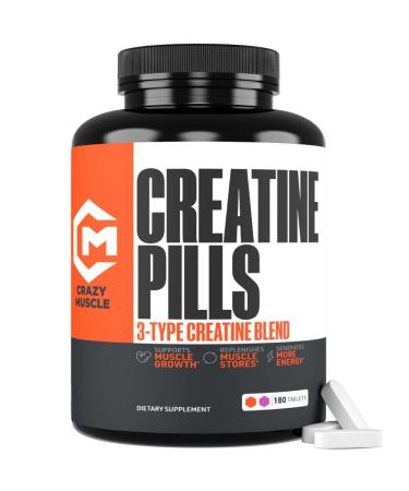 Crazy Muscle Creatine Monohydrate Pills Premium 3 Type 5g Creatine Pills Pre and PostWorkout & Keto Energy Builder Easy to Take Three-Atine for Optimum Performance Men Women 180 Tablets