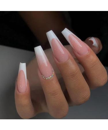 24Pcs/Set Press On Nails Long White Powder Gradient Diamond Decoration False Nails Acrylic Fake Nails Full Cover Nails Tips Artificial Finger Manicure Press on nails for Women and Girls - Buy Online on GoSupps.com