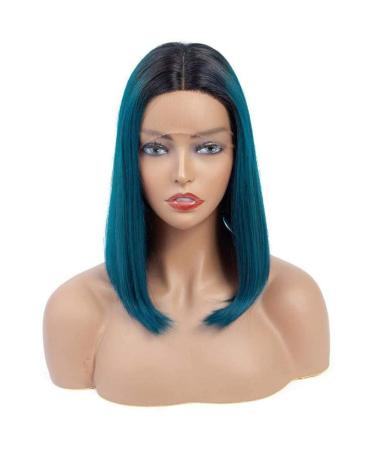 YTOOZ front lace wig Brazilian smooth briefly bobs real hair for women lace wig nature and ombre blue real hair wig Remy hair 150 density 14 inch 14 inches