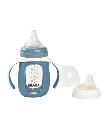 BEABA 2-in-1 Glass Baby Bottle to Glass Training Sippy Cup  Learning Cup  Baby Bottle with Soft Silicone Nipple and Sippy Spout  Baby  Toddler 7 oz (Rain)