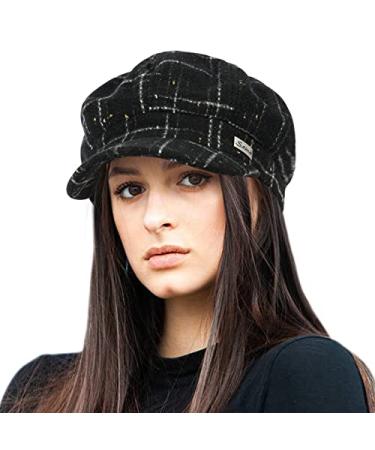 Women Wool Newsboy Hats Cabbie Hat Beret Paperboy Tweed Baker Boy Cap 1-black