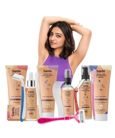 Sanfe Bikini Line Hair Removal Cream - Natural & Safe for Sensitive Skin - 100g with Spatula & Intimate Wipes - Lavender Aloe Vera Shea Butter - Buy Online on GoSupps.com