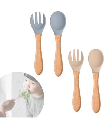 Baby Fork and Spoon Set 4 Pcs Silicone Feeding Utensil Easy Grip Toddler Cutlery Kit Children's Flatware Kids Cutlery Set for Infant Toddler Children First Led Training Weaning 6-12 Month