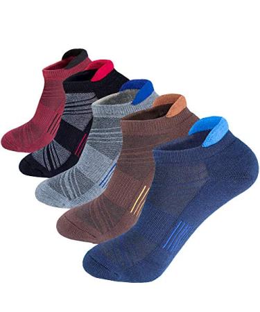 Men's Low Cut Ankle Athletic Socks Cushioned Breathable Running Performance Sport Tab cotton Socks(5 pack) Blue/Brown/Gray/Black/Darkred