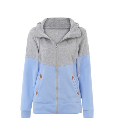 Bigfanshu Women's Double Hooded Sweatshirt Long Sleeve Autumn Spring Coat Patchwork Pocket Zipper Hoodie Plus Size Blue