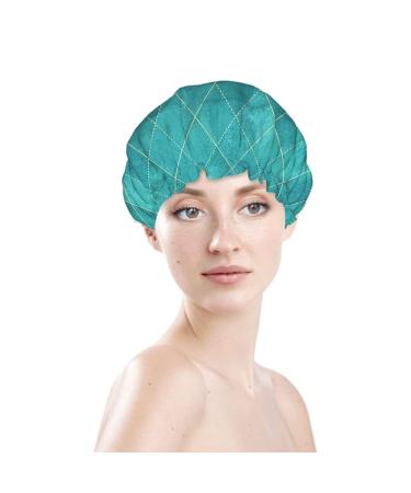 Moslion Argyle Reusable Shower Cap - Teal Turquoise Geometric Plaid Pattern - Large Bath Cap for Women with Long Hair - Buy Online on GoSupps.com