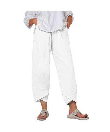 Womens Linen Pants Casual Elastic High Waist Summer Pants Relax Fit Comfy Palazzo Pants Linen Capris Yoga Sweatpants Trousers #F8-white XX-Large