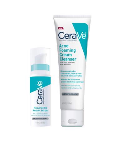 CeraVe Acne Treatment Face Wash and Retinol Serum Bundle | Contains One Acne Foaming Cream Cleanser (5 Ounce) and One Brightening Facial Serum for Post-Acne Marks and Pores (1 Ounce)