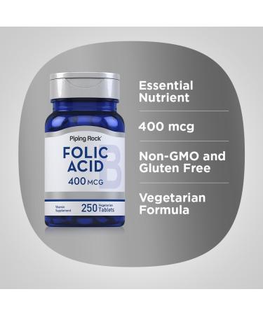 Piping Rock Folic Acid | 400mcg | 250 Vegetarian Tablets | Non-GMO Gluten Free Supplement - Buy Online on GoSupps.com