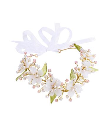 IYOU Fairy Flower Headband Gold Pearl Hair Band Crown Leaf Elf Headpiece Tiara Woodland Princess Wedding Hair Accessories for Women and Girls