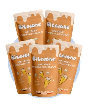 BITECONE - White Chocolate | Fine Ice Cream Cone | Mini Filled Cones | Pack of 5 Bags | 100% French Brand | Made in Brittany | Snacks with Sustainable Cocoa | Palm Oil Free | 500g