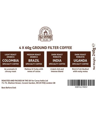 Old Grinder - Gourmet Coffee Gift Set | Ground Coffee 240g (4 x 60g) | 4 of the World's Finest Single Origin Specialty Coffees | Hamper Style Letterbox Gift Idea for Him & Her - Buy Online on GoSupps.com