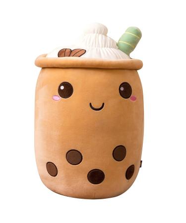 Hpory Bubble Tea Plush Pillow Boba Plushie Plush Pillow Cute Milk Tea Cup Plushie Bubble Tea Soft Toy with Strawberries Bubble Tea Cup Plush Toy Soft Stuffed Throw Pillow for Kids Brown 23cm