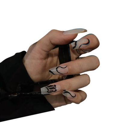 Press on Nails 3 Sets Personality Graffiti Press-on Nails Easy Removal Fake Nail Press-on Nails for Women Girls (Color : Black) (Color : Black) (Black)