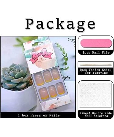 UKD Press On Nails Short with Designs Nude Square Stick On Nails for Women French Yellow Acrylic Nails Press On Full Cover Coffin Nails Glue On Nails 24Pcs Fake Nails for Nail Art Manicure Decoration - Buy Online on GoSupps.com
