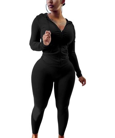 PINSV Women's Two Piece Workout Set - Bodycon Tracksuit with Zip Up Hoodie and Jogger Sweat Pants in Black - Size X-Large - Buy Online on GoSupps.com