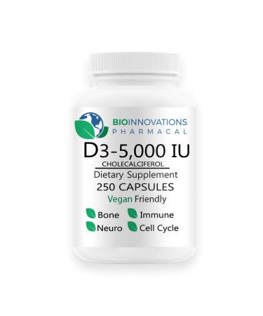Bio-Innovations Pharmacal Vitamin D3-5000 (Cholecalciferol) Hypoallergenic Support for Muscles Bones & Teeth Breast Prostate Cardiovascular Colon and Immune Health - 250 Veggie Capsules
