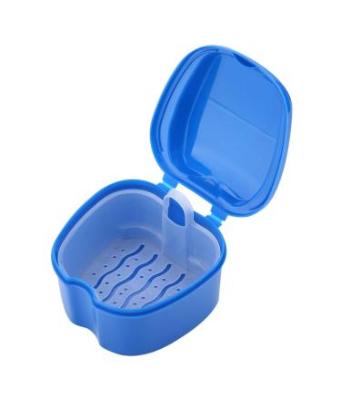Dental prostheses container cup box prosthesis storage box incorrect teeth device with filter screen for school trips train outdoor home use (dark blue)