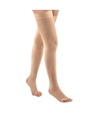 GODORIO Thigh High 15-20 mmHg Toeless Compression Stocking for Women & Men, Compression Socks Circulation with Silicone Dot Band - Best Support for Medical Running Nursing Athletic Beige M