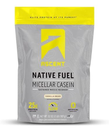 Ascent Casein Protein Powder - 25g Micellar Casein Powder with Zero Artificial Ingredients, Soy & Gluten-Free, No Added Sugar, 4.9g BCAA, 2.2g Leucine - Vanilla Bean, 2 Pounds Vanilla 2 Pound (Pack of 1).