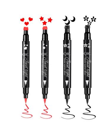 Go Ho 4 PCS Red and Black Liquid Eyeliner Stamp Pen Double-sided Seal Waterproof Stamp Eyeliner Stencils Long lasting Smudge-proof Cat Eye Liner Stamp Tattoo Tool With Shape of Heart Star Moon Flower(2 Red+2 Black) Red H...