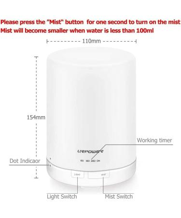 URPOWER 2nd Gen 300ml Aroma Essential Oil Diffuser - Ultrasonic Air Humidifier with Auto Shut Off - 7 Color Lights - 4 Timer Settings - White - Buy Online on GoSupps.com
