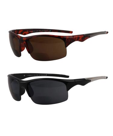 Hyyiyun 2 Pairs Bifocal Reader Sunglasses for Men and Women,Wrap Around Sports Sun Reading Glasses UV Protection Black&tortoise 2.0 x