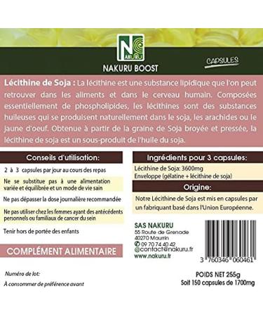 NAKURU | Soy Lecithin | Boost Range | Made in France | Green Gold! | (150 Capsules of 1700 mg/Net Weight: 255 g) - Buy Online on GoSupps.com