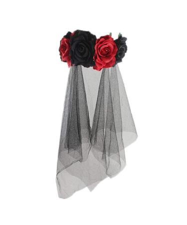 Lurrose Rose Floral Crown Veil Halloween Costume Mexican Headband Day of the Dead Headpiece for Festival Carnival Party Red and Black Gr ße 1