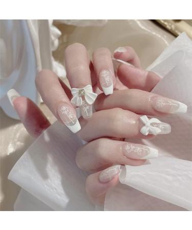 24 PCS French Rose Nails Art White Romantic Nails Sticker Ballerina False Nails Acrylic Full Cover Nails Tips Artificial Finger Manicure for Women and Girls