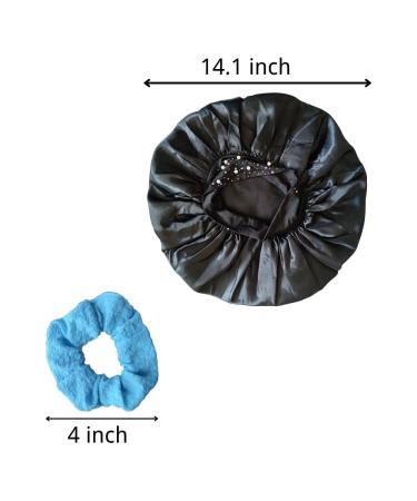 Silk Satin Bonnet Sleep Cap for Women with Pearls & Rhinestones - Black - Buy Online on GoSupps.com