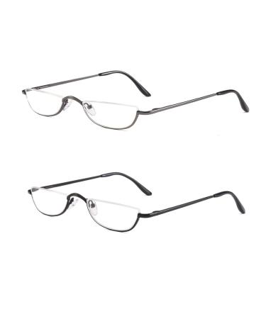 Half Frame Reading Glasses Half Metal Moon Readers for Women Men 2 Pairs 2.00 2 Pack(gray black) 2.0 x