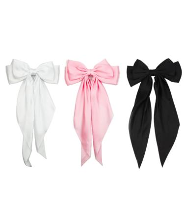 Hair Bow 3 PCS Big Bow Hair Clips Black Bow Hair Clip Hair Clips with Long Silky Satin Ribbon Solid Color Hair Barrettes for Women's trendy accessories (Pink Black White)