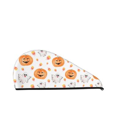 Halloween Ghost Pumpkins Woman's Coral Velvet Dry Hair Cap with Button Quick Dry Turban for Wet Hair Long Thick Hair Bath Shower Hair Cap Anti Frizz Hair Wrap Towel Strong Water Absorption Halloween Ghost Pumpkins One Size